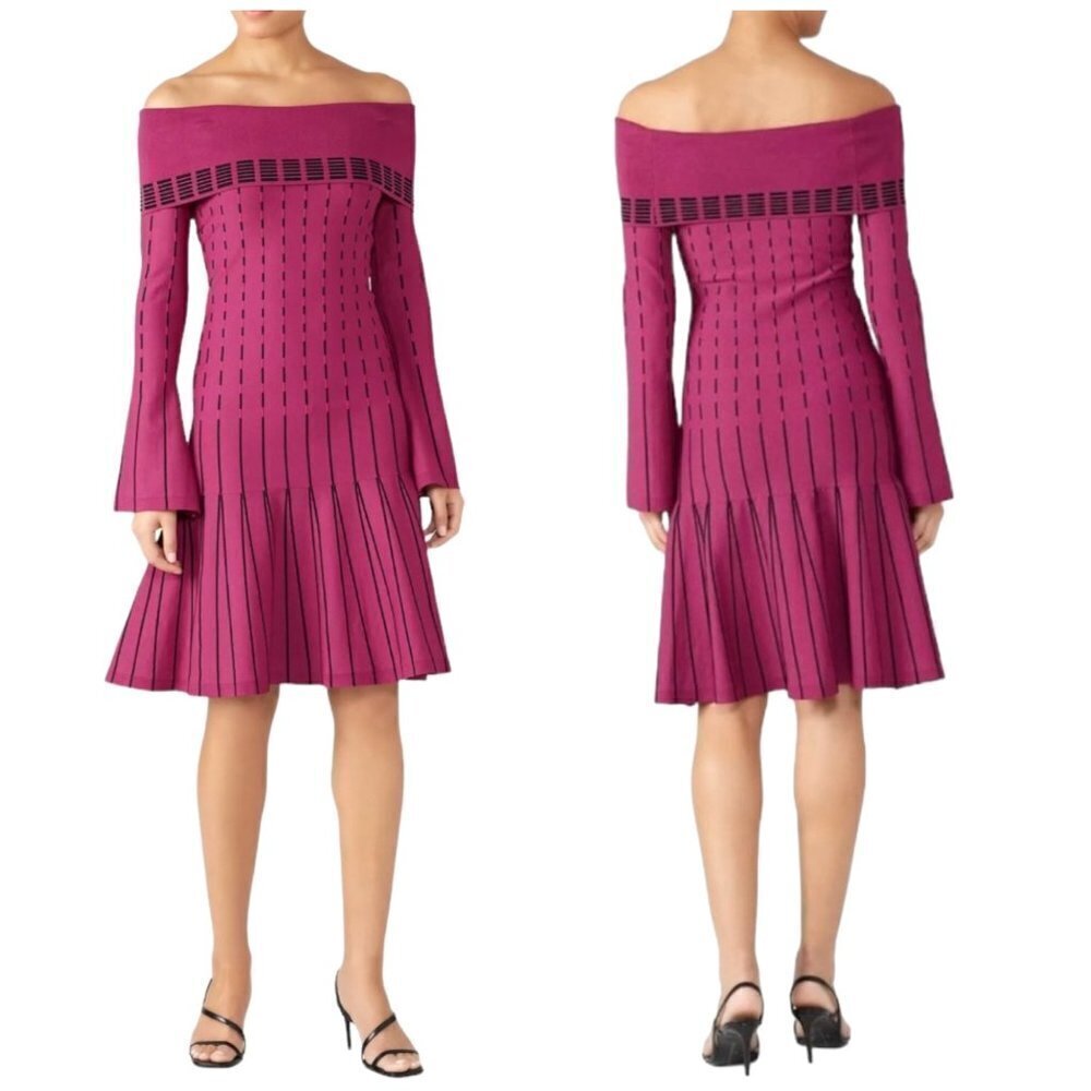 Prabal Gurung Collective Dress Womens 6 Purple Knit Stripe Off The Shoulder Mini